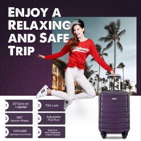 20" Carry on Luggage ABS Lightweight Suitcase; Spinner Wheels; TSA Lock; Purple
