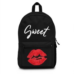Backpack Bag, Canvas Double Shoulder Strap Red Lips Sweet Kiss Design - Black